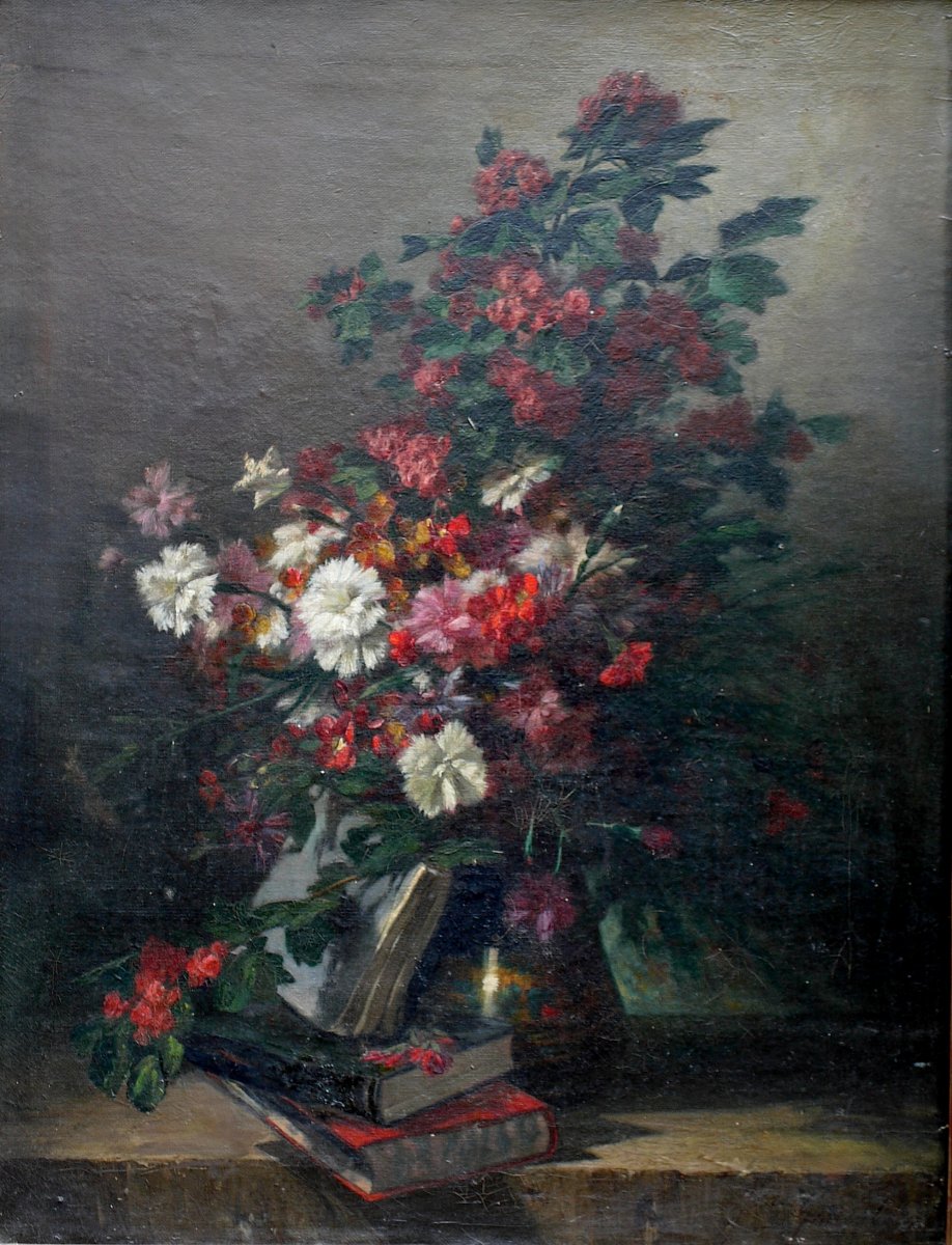 Jules Geneste, Nature Morte Aux Fleurs, XIXème, Huile Sur Toile-photo-2