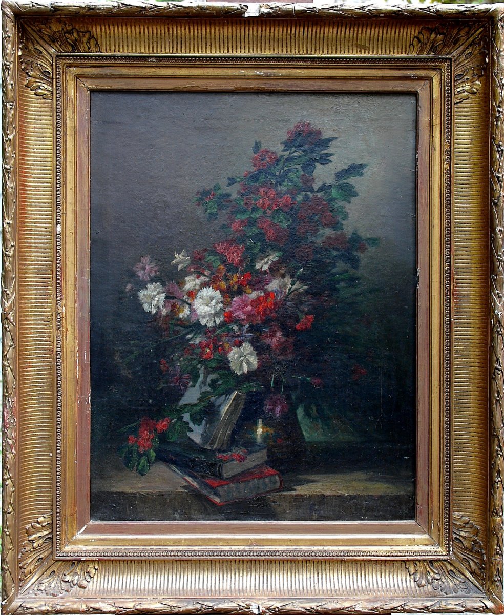 Jules Geneste, Still Life With Flowers, XIXth, Oil On Canvas