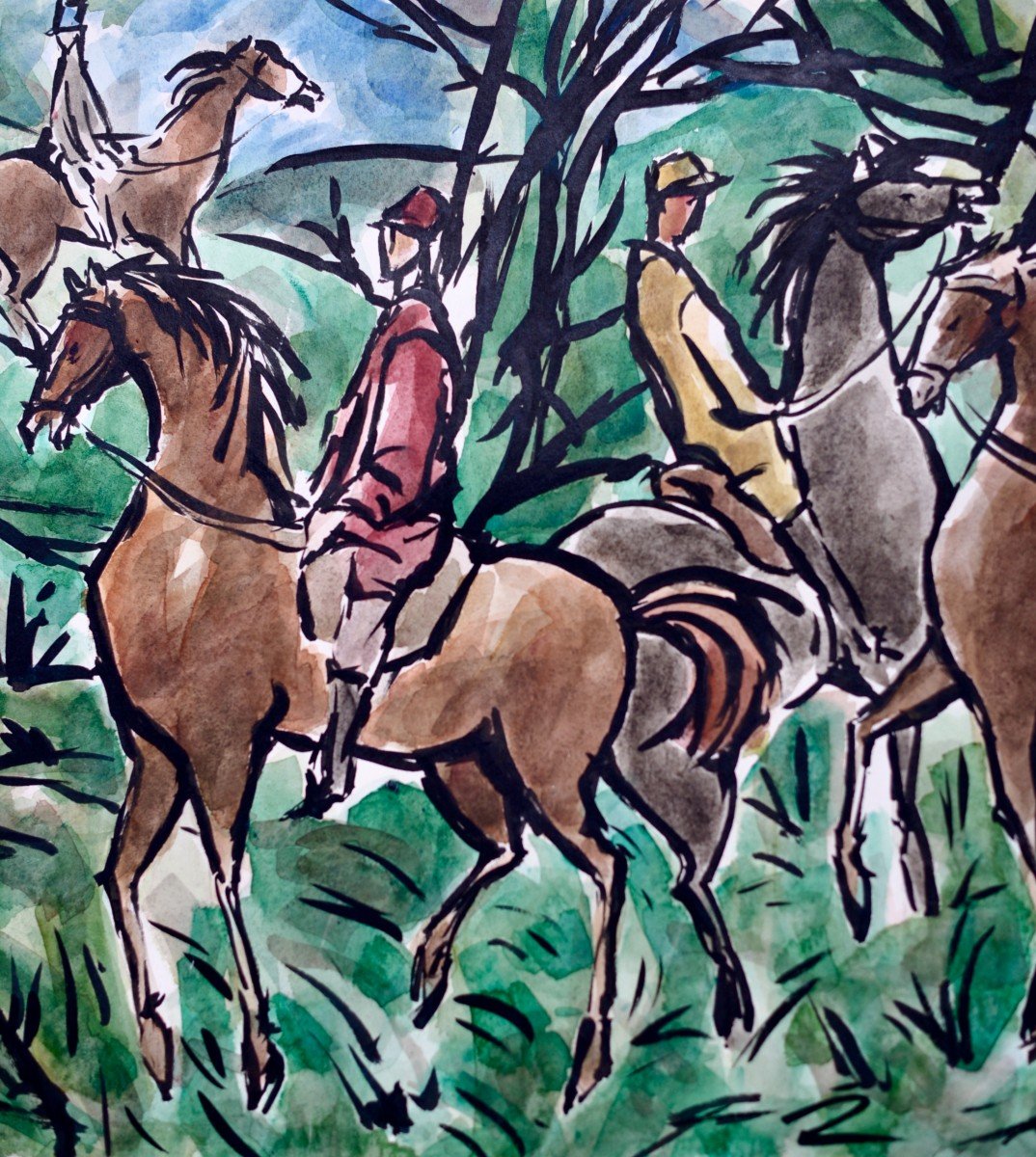 Oscar Pinto Lobo "Promenade au Bois" Gouache 1983-photo-1