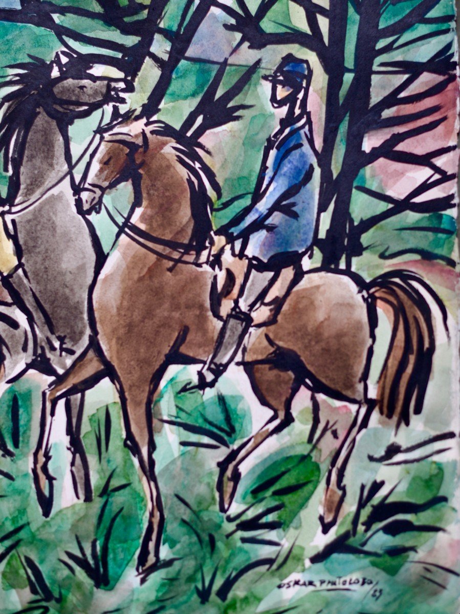 Oscar Pinto Lobo "promenade Au Bois" Gouache 1983-photo-2