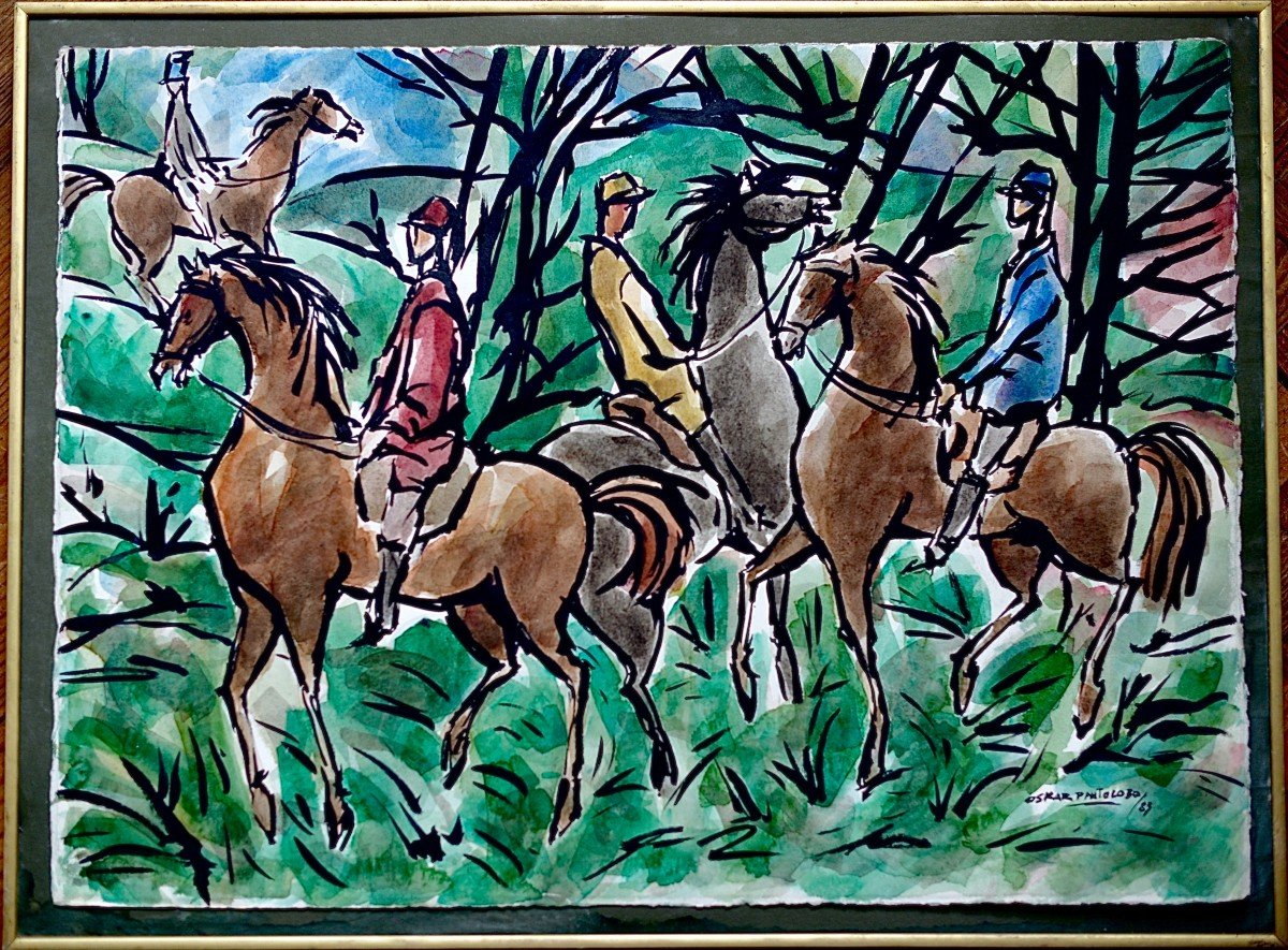 Oscar Pinto Lobo "Promenade au Bois" Gouache 1983