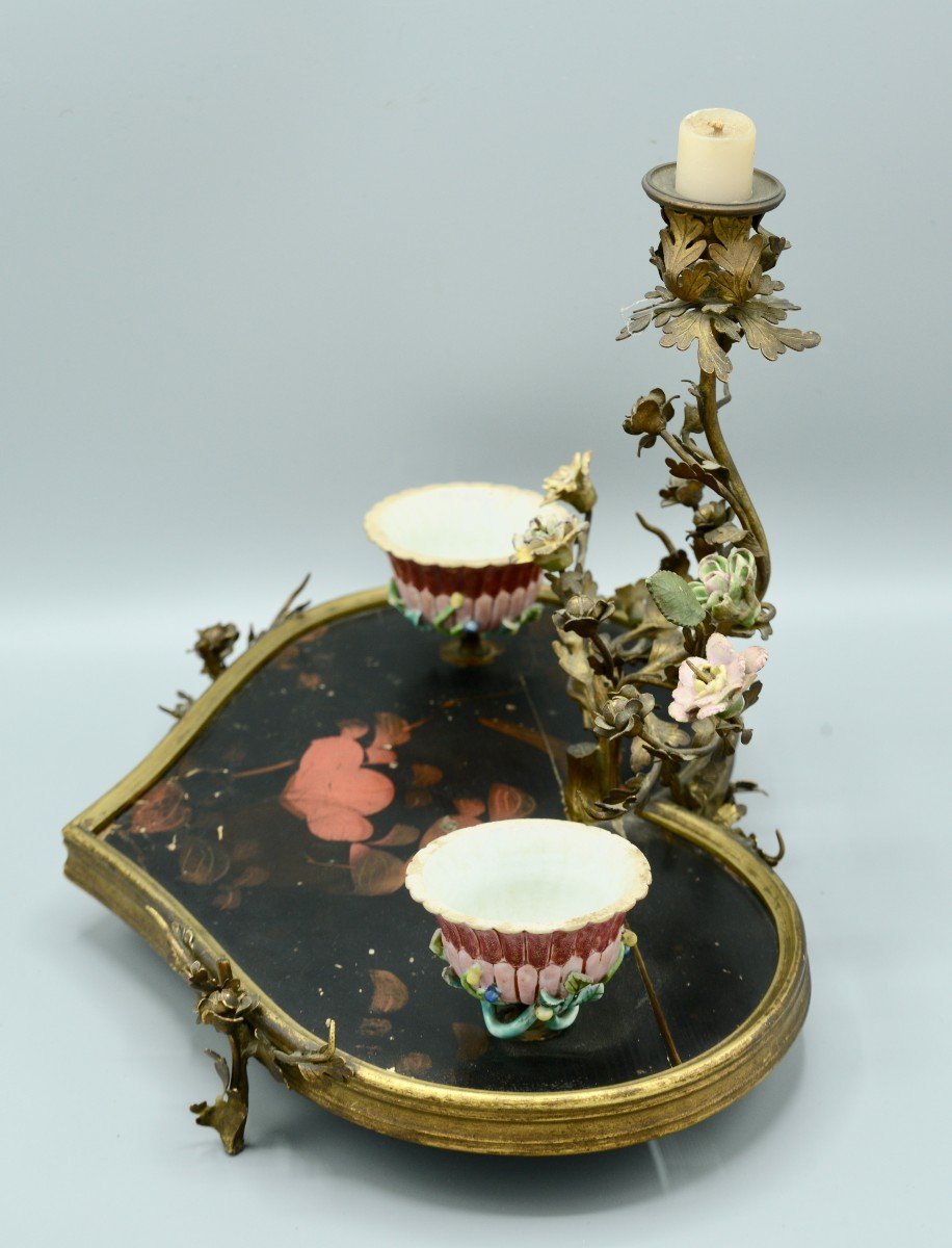 Inkwell Forming Candelabra In Chinese Lacquer, Porcelain And Gilt Bronze, 18th Century-photo-1