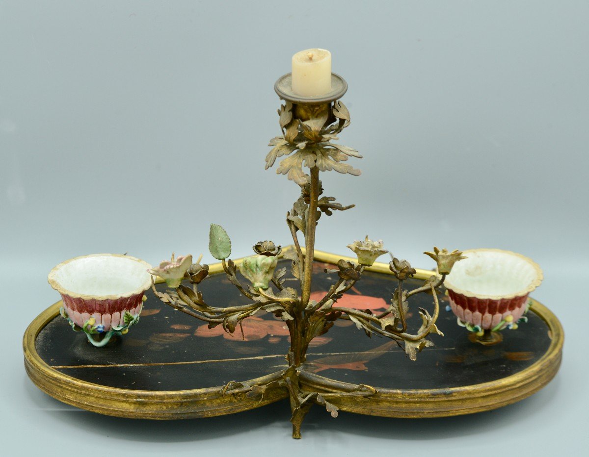 Inkwell Forming Candelabra In Chinese Lacquer, Porcelain And Gilt Bronze, 18th Century-photo-2