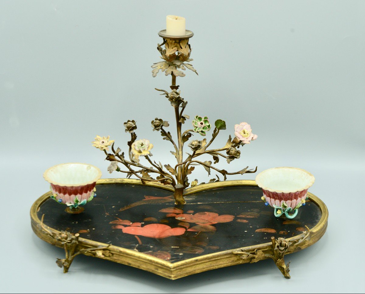 Inkwell Forming Candelabra In Chinese Lacquer, Porcelain And Gilt Bronze, 18th Century