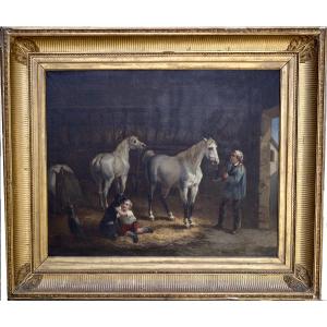 Louis-claude Malbranche (1790 - 1838) " Aux Ecuries" Huile Sur Toile 19ème