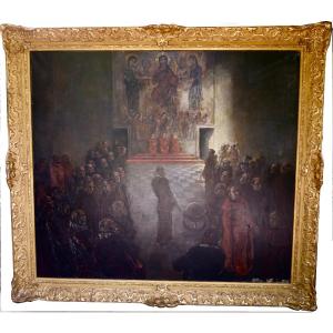 "the Trial Of Galileo" Large Framed Oil Painting, 19th Century