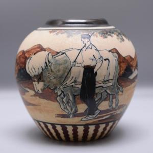 Ciboure - R. Berné "peasant And His Ox" Ceramic Circa 1955