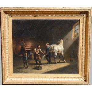 Louis-Claude MALLEBRANCHE (1790-1838) "Chez le Maréchal Ferrant" Huile sur Toile vers 1820