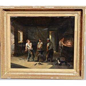 Louis-Claude MALLEBRANCHE (1790-1838) "A la Forge" Huile sur Toile vers 1820 