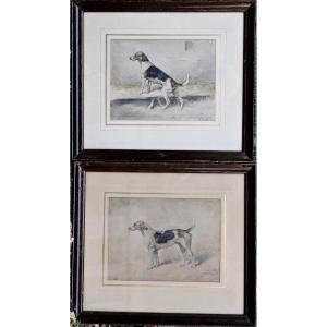 Franz Reichmann (1868) "Chiens de Chasse" Paire de Dessins Aquarellés datés 1891