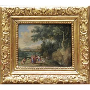 Huile sur Cuivre XVIIIème "Les Bergers et le Mendiant", entourage de Balthazar Beschey