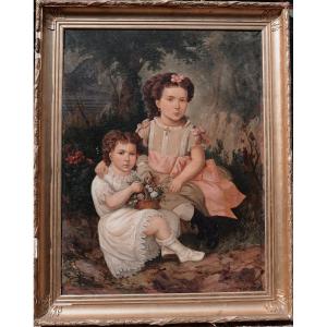 Désiré Chirac, "the Two Sisters," Large Oil On Canvas, Circa 1850