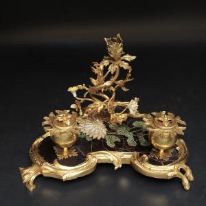 Encrier en Bronze Doré, Laque et Porcelaine Louis XV