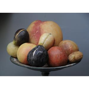 Ensemble de 9 Fruits en Marbre de Carrare Polychrome 19ème