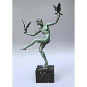 Marcel Bouraine, Atelier Le Verrier, “the Dancer With Doves,” Artistic Cast Iron, Circa 1925