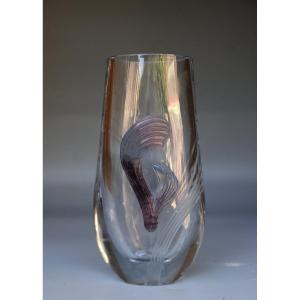 Daum, Ovoid Crystal Vase With Floral Design, Circa 1960