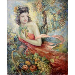 Jean René Poissonnier (1908–1981), “young Woman With A Basket Of Fruit,” Oil On Canvas, Ca. 1940