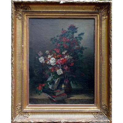 Jules Geneste, Nature Morte Aux Fleurs, XIXème, Huile Sur Toile
