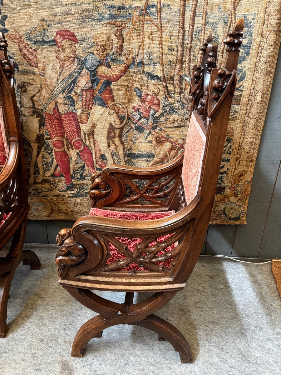 Pair Of Gothic Walnut Armchairs-photo-4