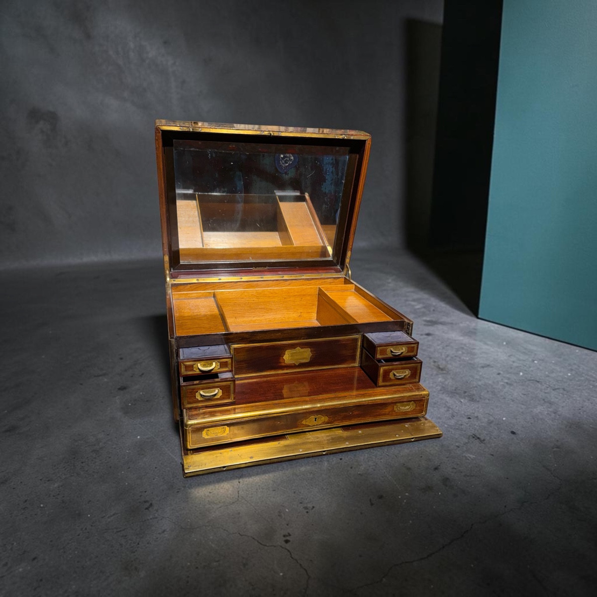 Travel Desk Box. Second Empire. Painted Wood And Brass Marquetry