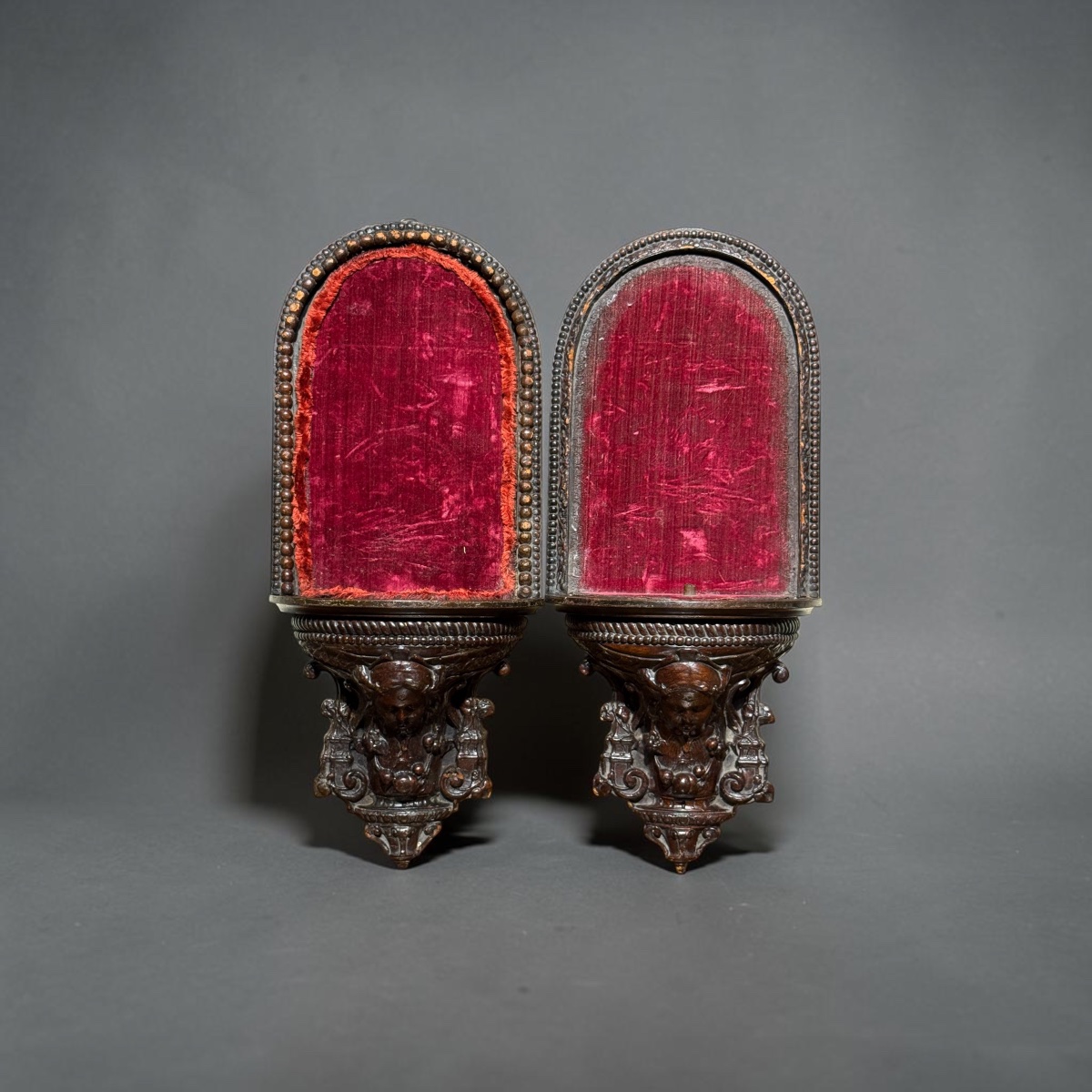Pair Of Carved Consoles Covered With Embossed Leather. Second Half Of The 19th Century.