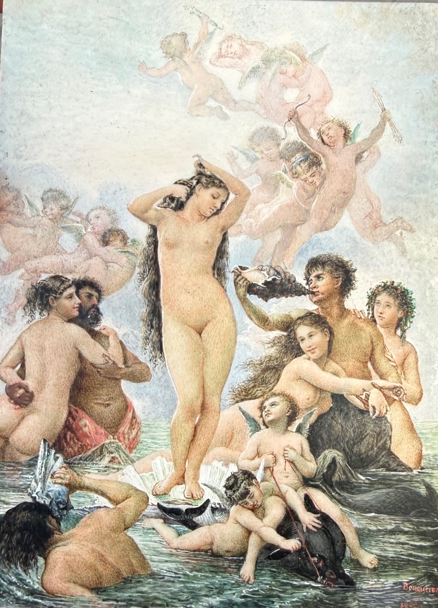 Naissance de Vénus. Miniature peinte à la gouache sur ivoire. Inscription « Bouguereau ». 13 × -photo-2