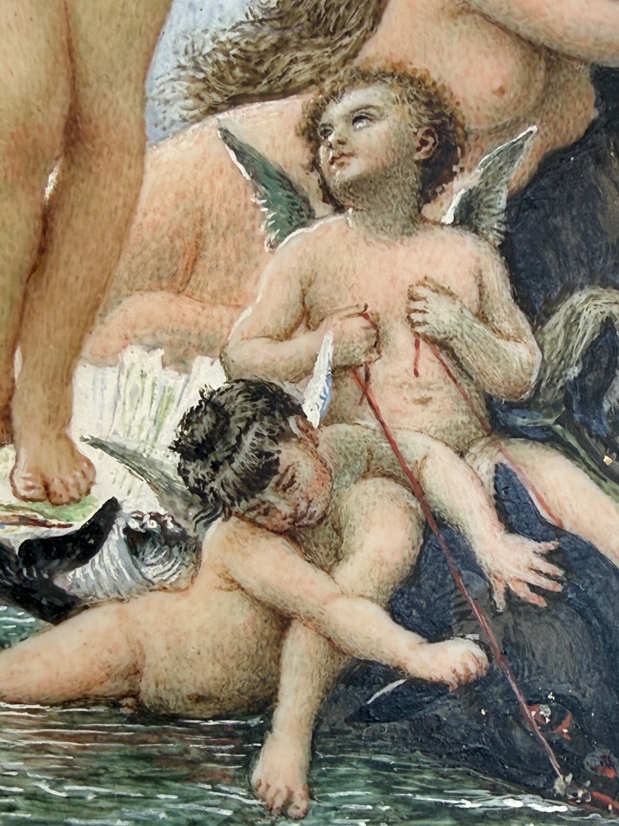 Naissance de Vénus. Miniature peinte à la gouache sur ivoire. Inscription « Bouguereau ». 13 × -photo-1