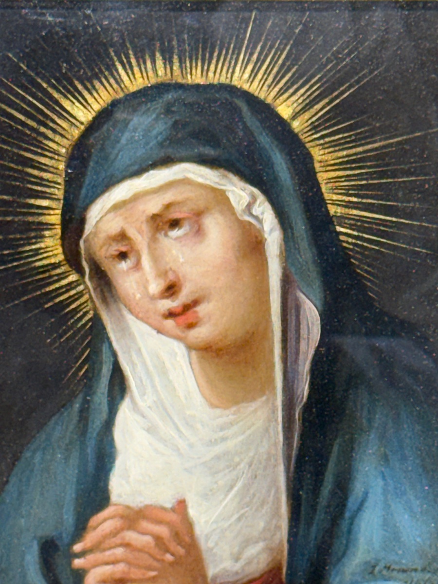 Vierge des Douleurs. Signature illisible et datée de 1845. Huile sur panneau-photo-2