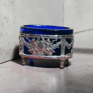 Pair Of Neoclassical Salt Shakers. France. Early 21st Century. Silver And Cobalt Blue Glass. Poi
