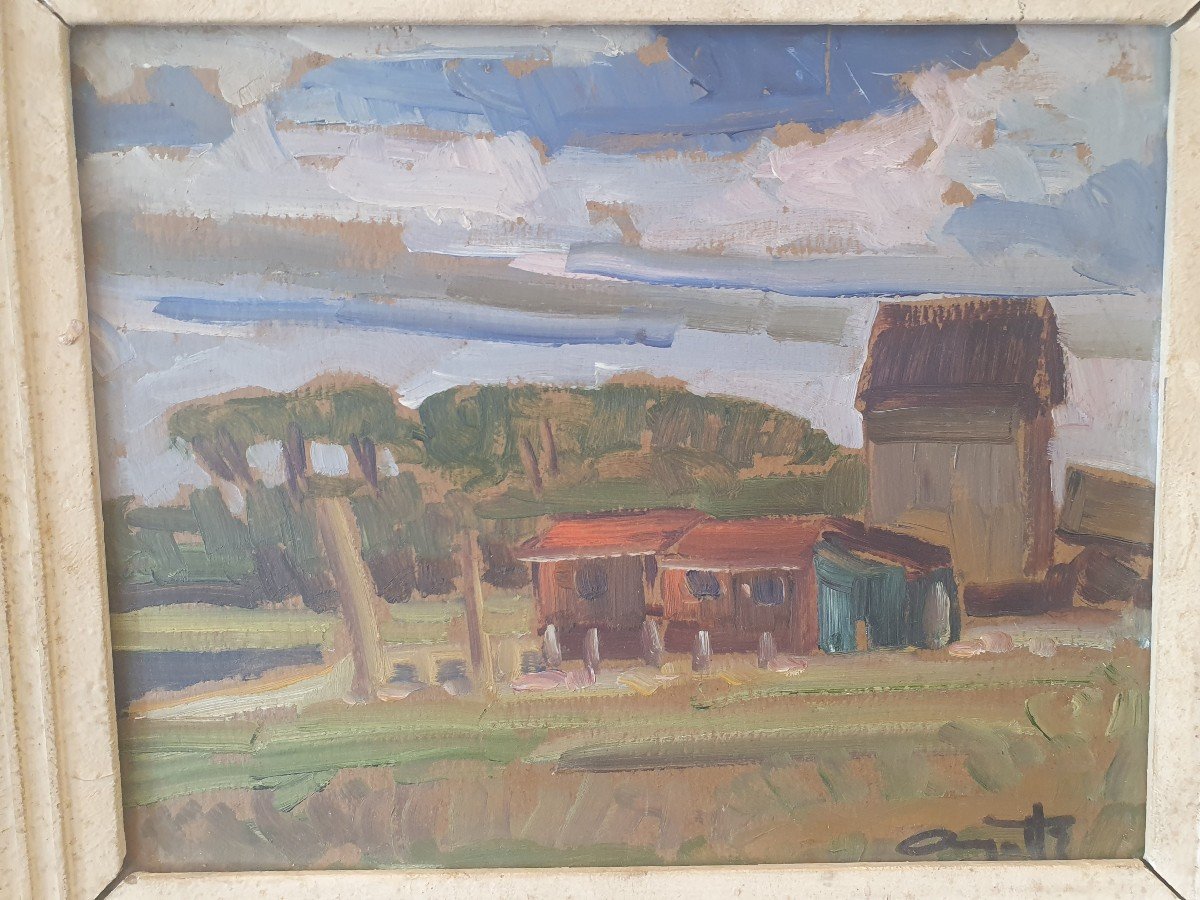 Léo Ayotte (1909-1976) , Paysage à La Cabane , Huile Sur Carton , XX°. -photo-3