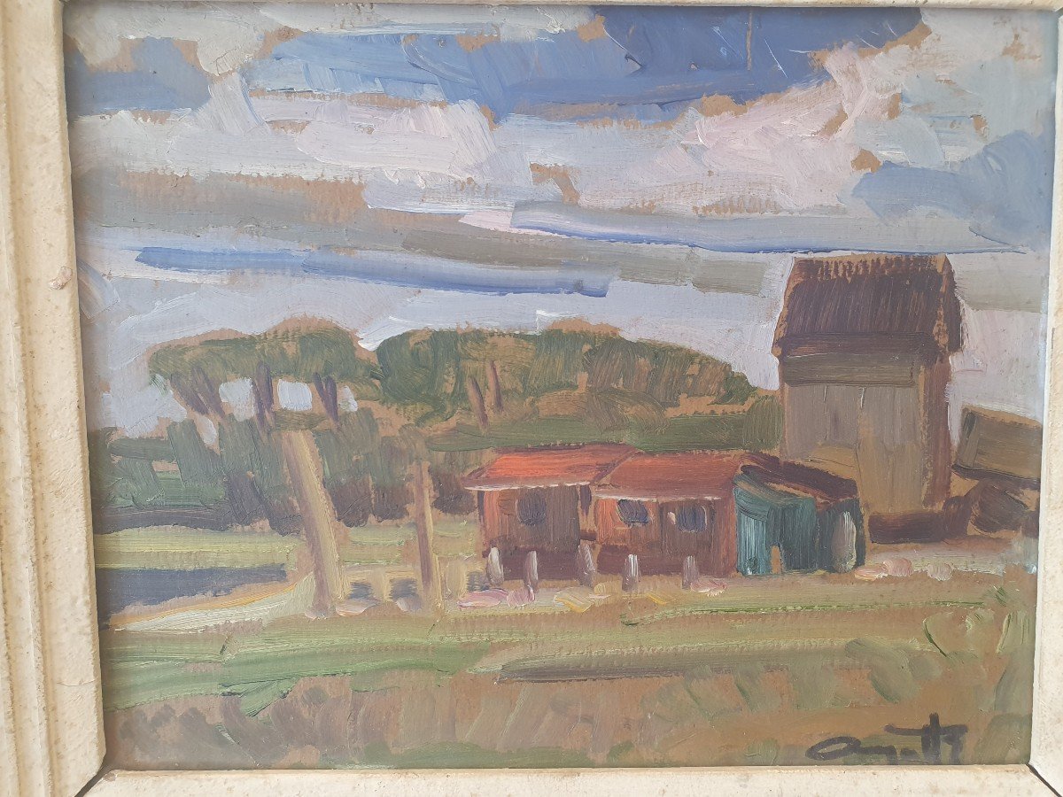 Léo Ayotte (1909-1976) , Paysage à La Cabane , Huile Sur Carton , XX°. -photo-4