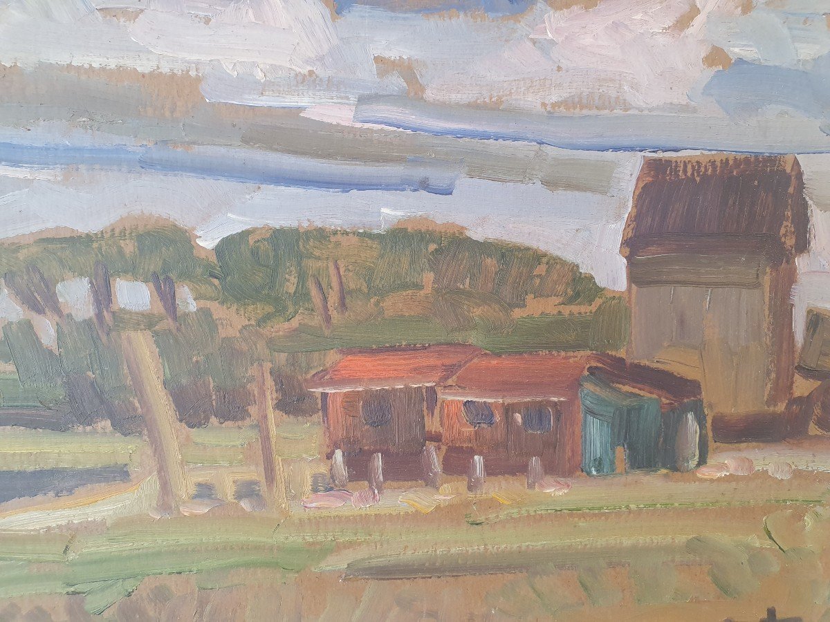 Léo Ayotte (1909-1976) , Paysage à La Cabane , Huile Sur Carton , XX°. -photo-3