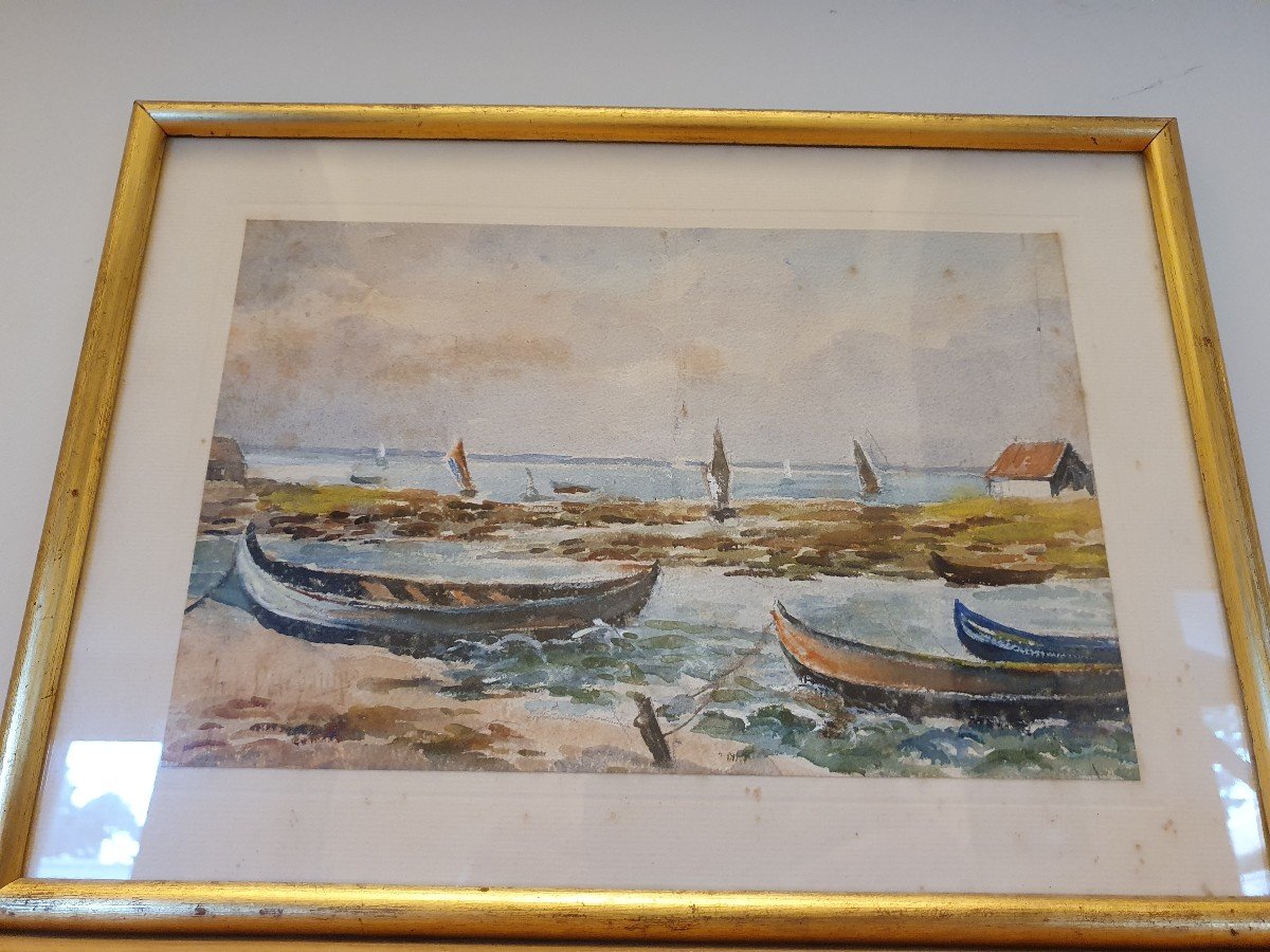 Bassin d'Arcachon, Pinassottes, Watercolor, Signed, XX°.-photo-2