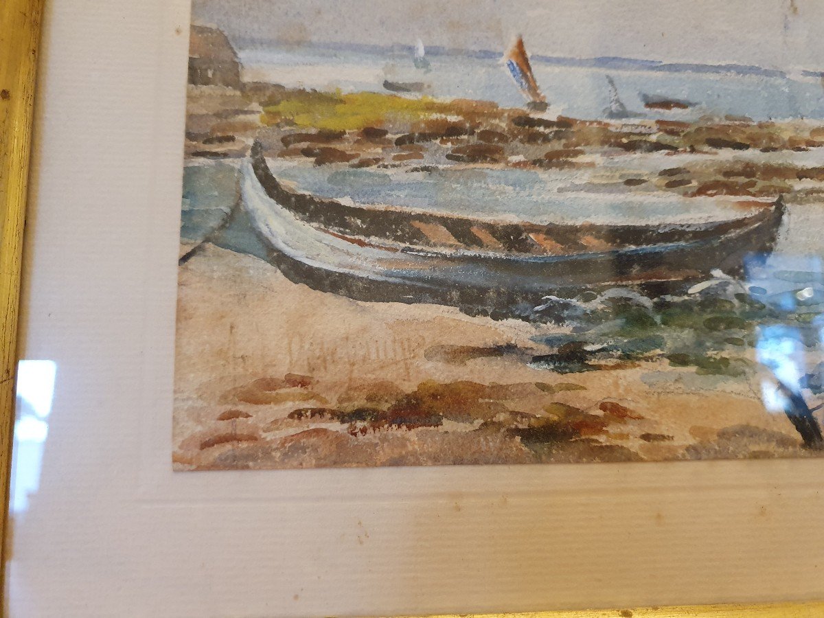 Bassin d'Arcachon, Pinassottes, Watercolor, Signed, XX°.-photo-3