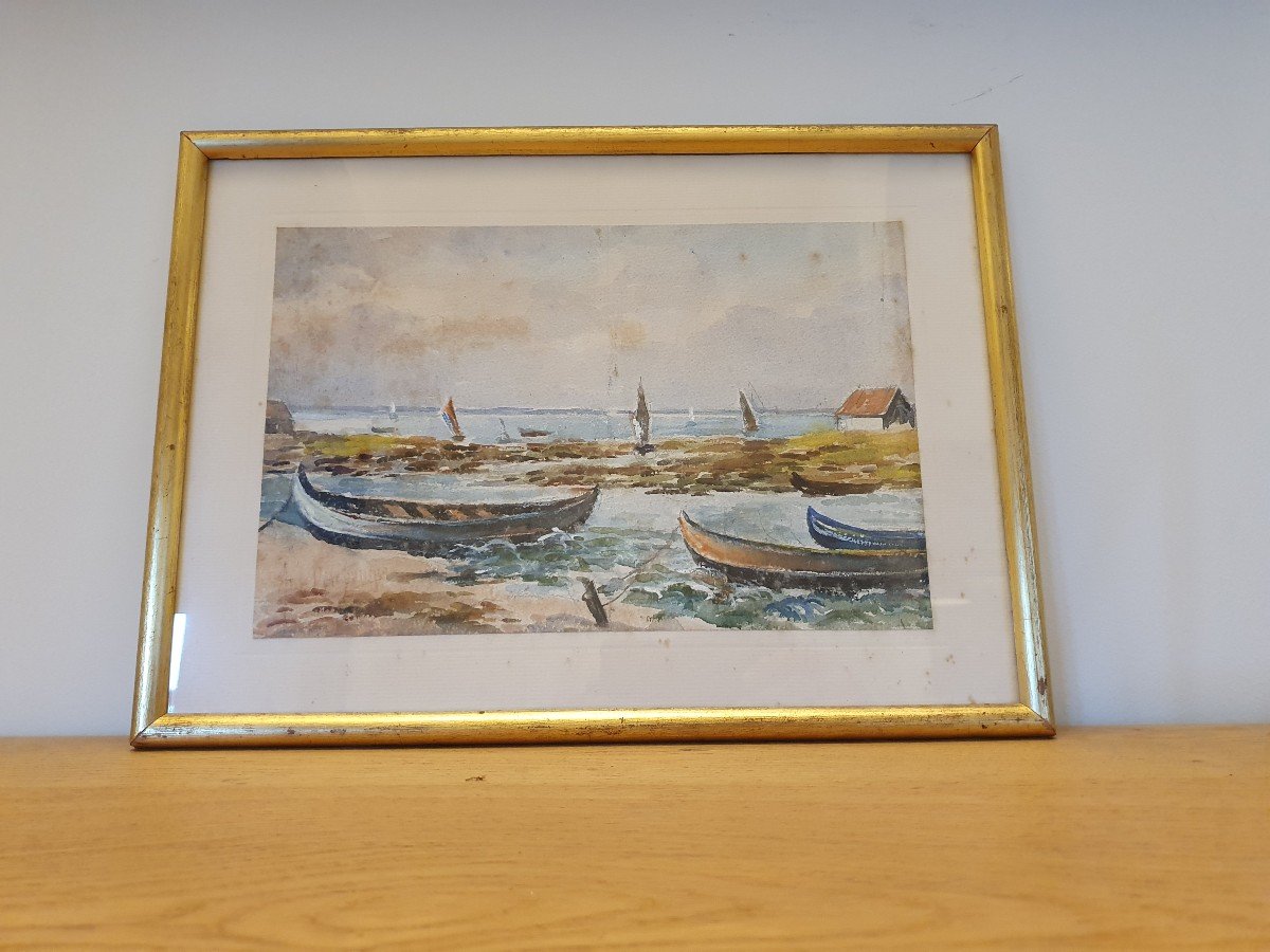 Bassin d'Arcachon, Pinassottes, Watercolor, Signed, XX°.-photo-2