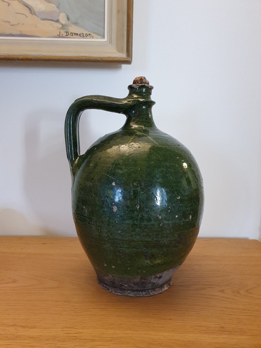 Walnut Oil Jar, Saintonge / Charente, Green Glazed Terracotta, XIX Century.-photo-2