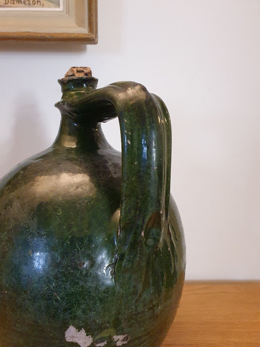 Walnut Oil Jar, Saintonge / Charente, Green Glazed Terracotta, XIX Century.-photo-3
