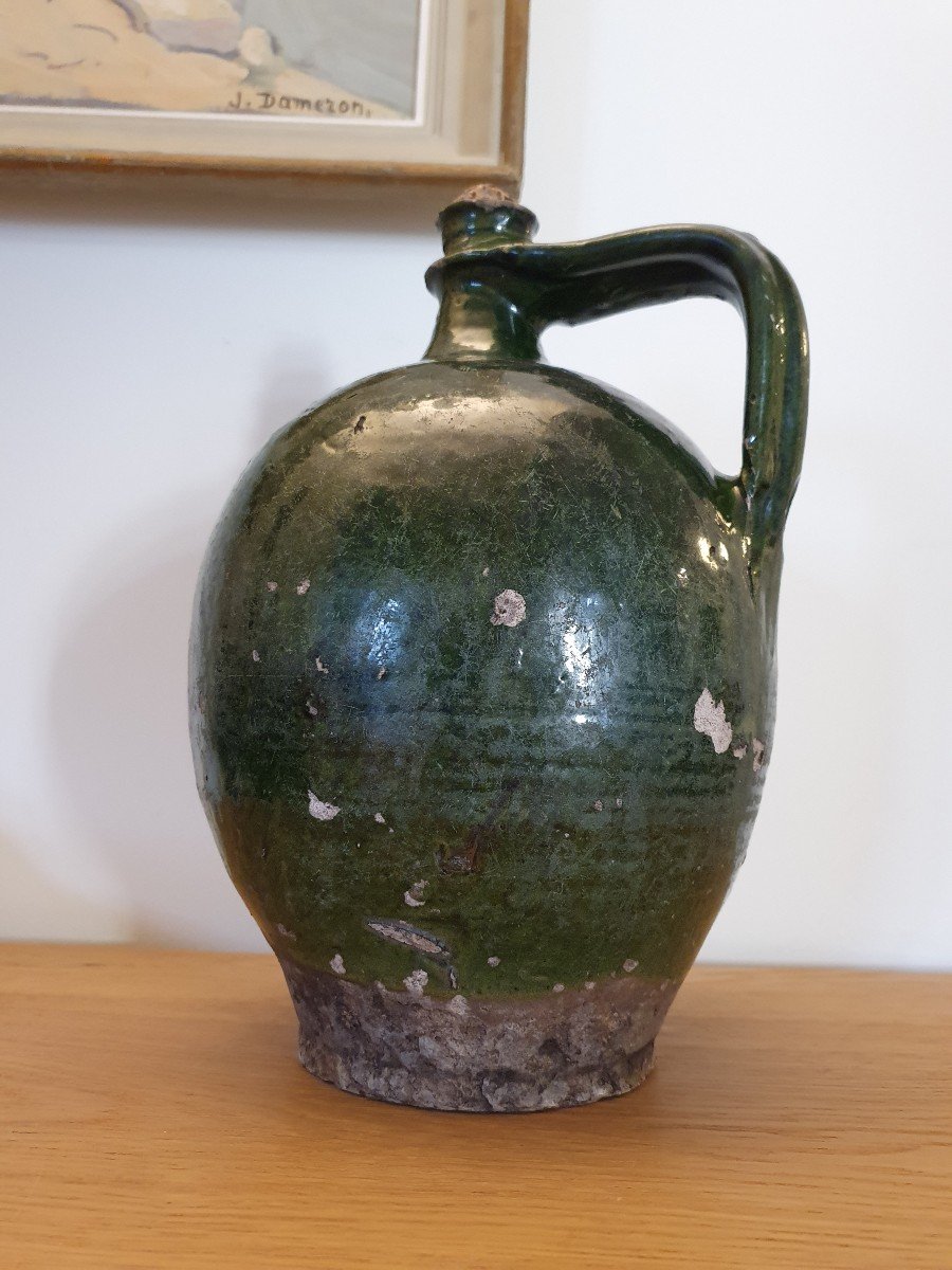 Walnut Oil Jar, Saintonge / Charente, Green Glazed Terracotta, XIX Century.-photo-1