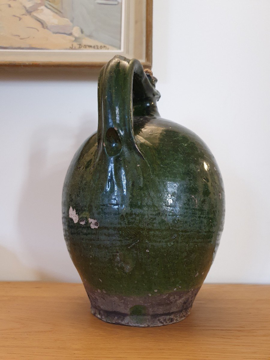 Walnut Oil Jar, Saintonge / Charente, Green Glazed Terracotta, XIX Century.-photo-2