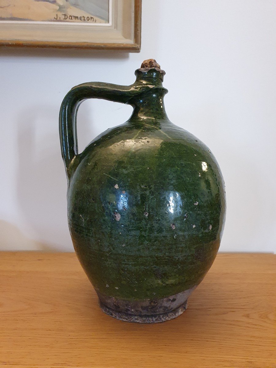 Walnut Oil Jar, Saintonge / Charente, Green Glazed Terracotta, XIX Century.