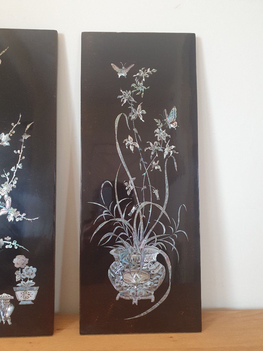 Phan Van Rong, Suite Of Three Panels, Lacquer And Mother-of-pearl, Viet Nam, XX°.-photo-2