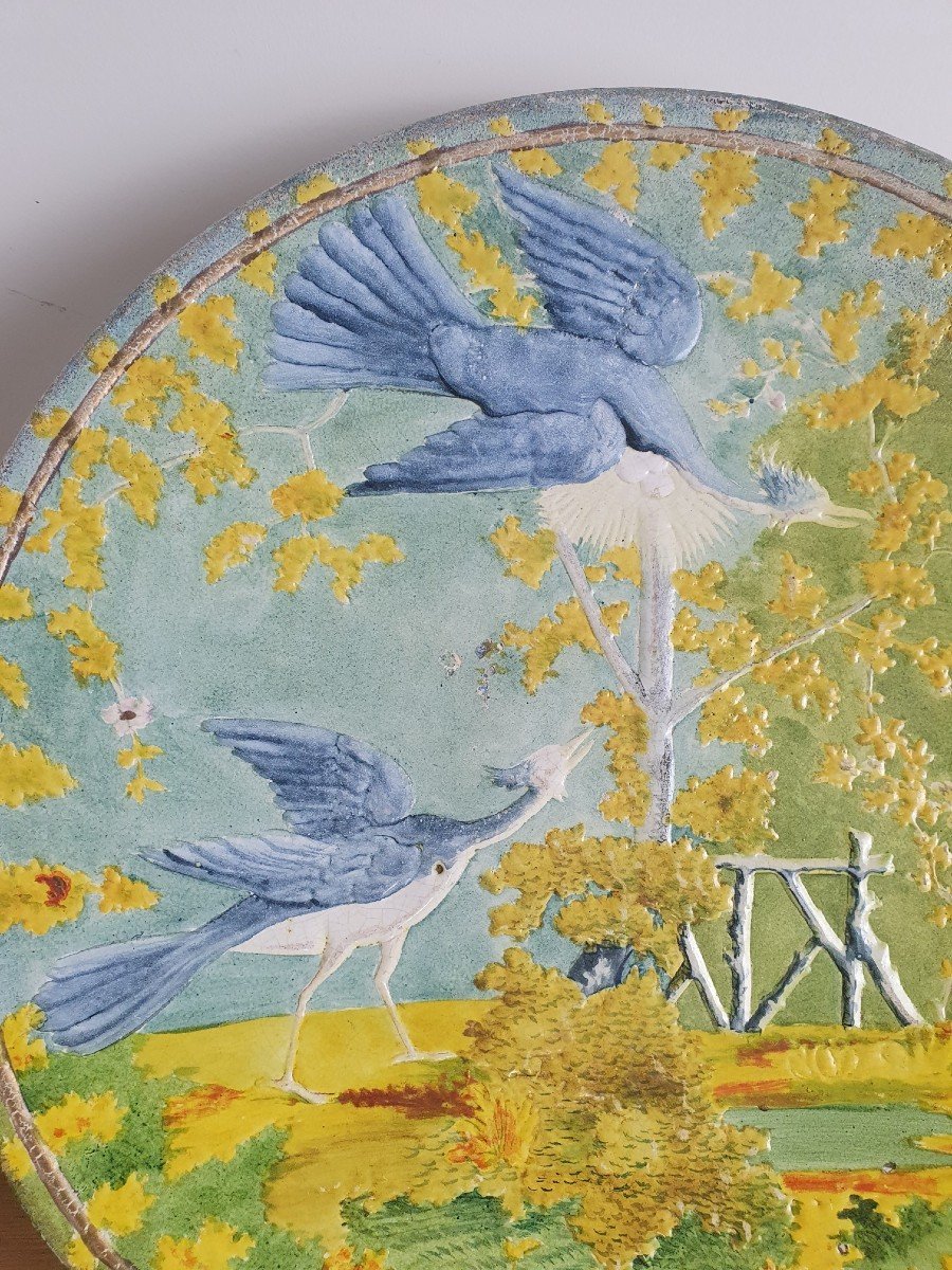 Decorative Dish, Couple Of Gray Herons, Enamelled Ceramic, Art Nouveau, Early XX °.-photo-2