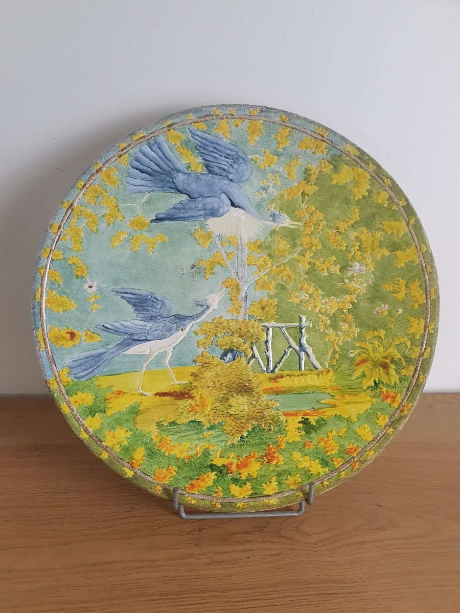 Decorative Dish, Couple Of Gray Herons, Enamelled Ceramic, Art Nouveau, Early XX °.-photo-4