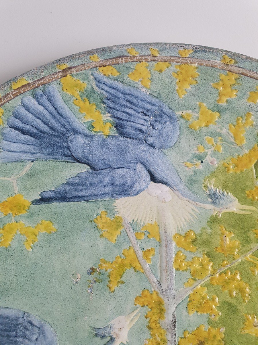 Decorative Dish, Couple Of Gray Herons, Enamelled Ceramic, Art Nouveau, Early XX °.-photo-1