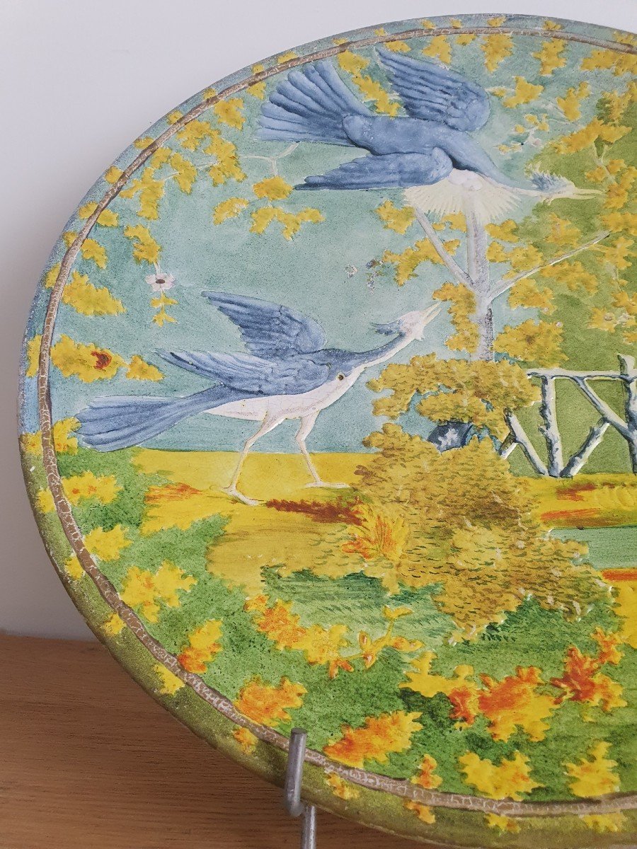 Decorative Dish, Couple Of Gray Herons, Enamelled Ceramic, Art Nouveau, Early XX °.-photo-6