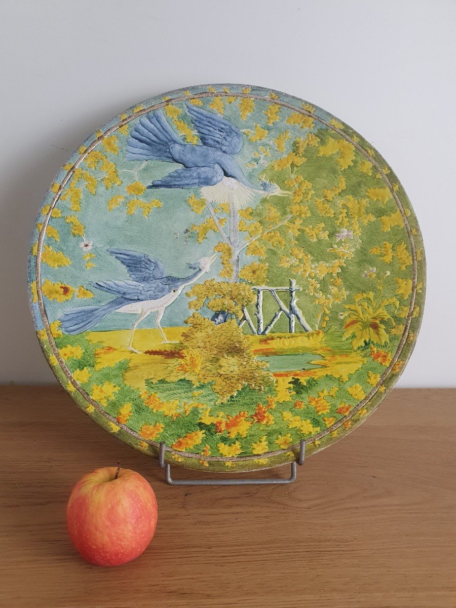 Decorative Dish, Couple Of Gray Herons, Enamelled Ceramic, Art Nouveau, Early XX °.