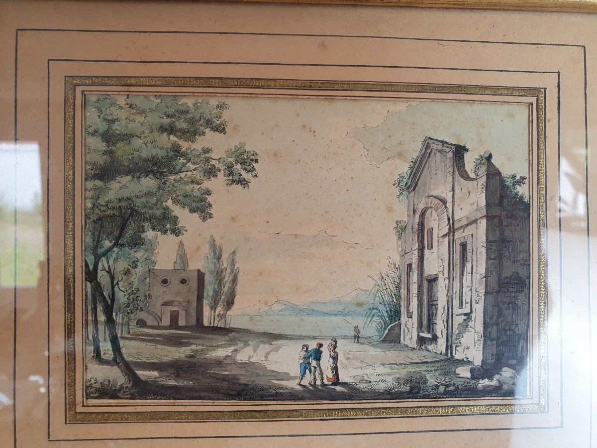 Vue d'Italie ,  Aquatinte , XIX°. -photo-3