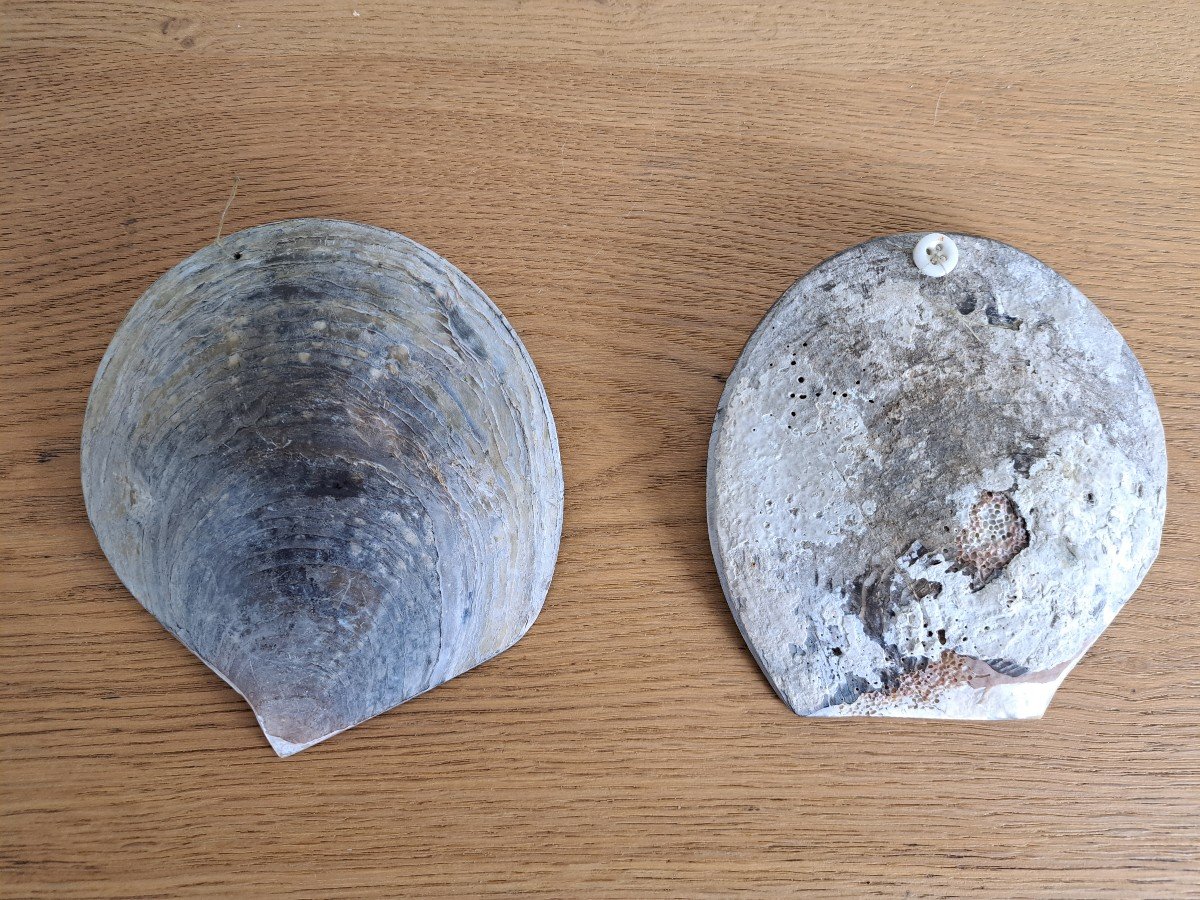 Pair Of Mother Of Pearl Shells, Couple Of Fishermen, Souvenir Of Arcachon. Beginning Of The 20th Century.-photo-3