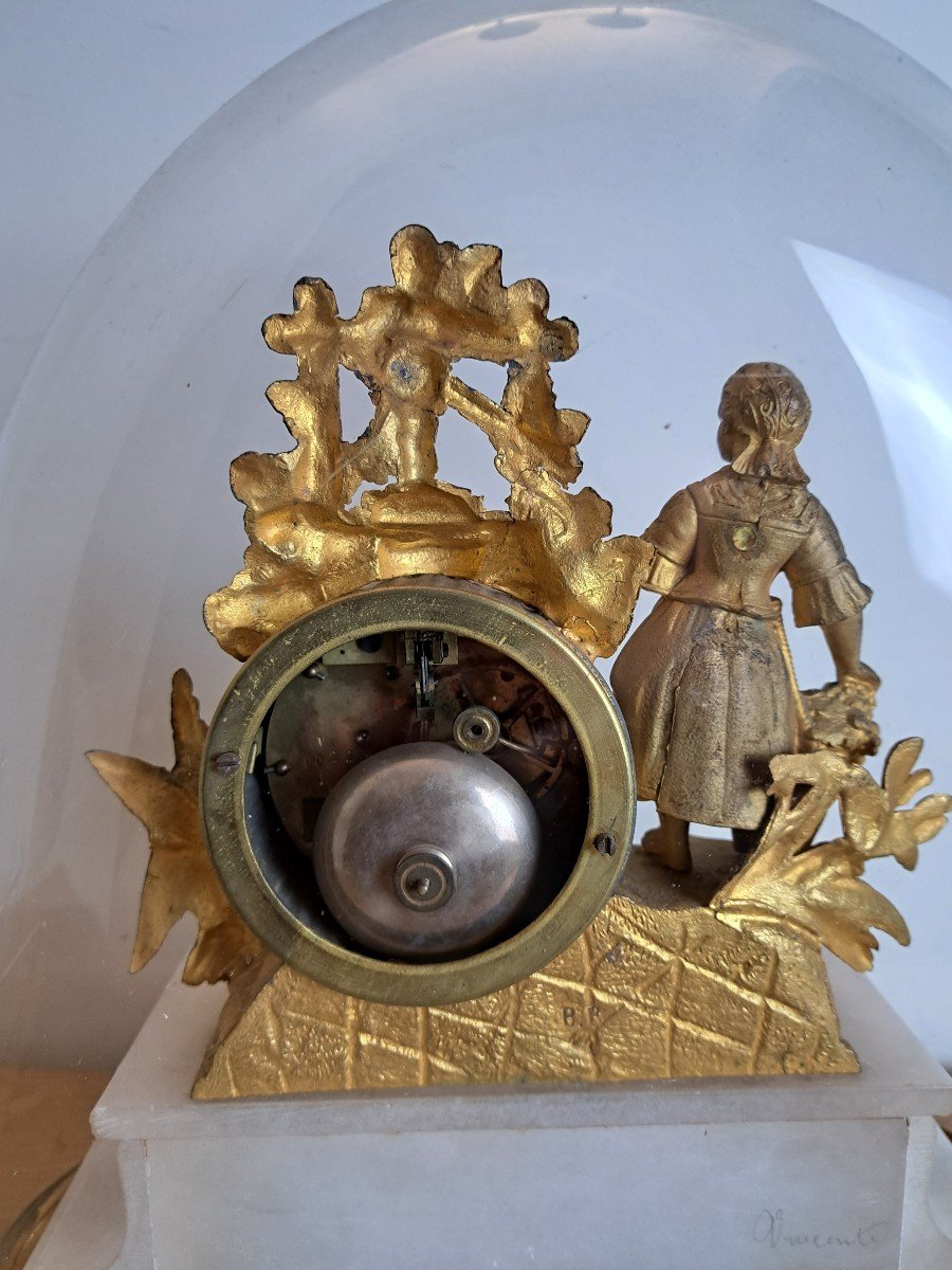 Pendule Romantique , Régule Et Albatre , Sous Globe , XIX°. -photo-4