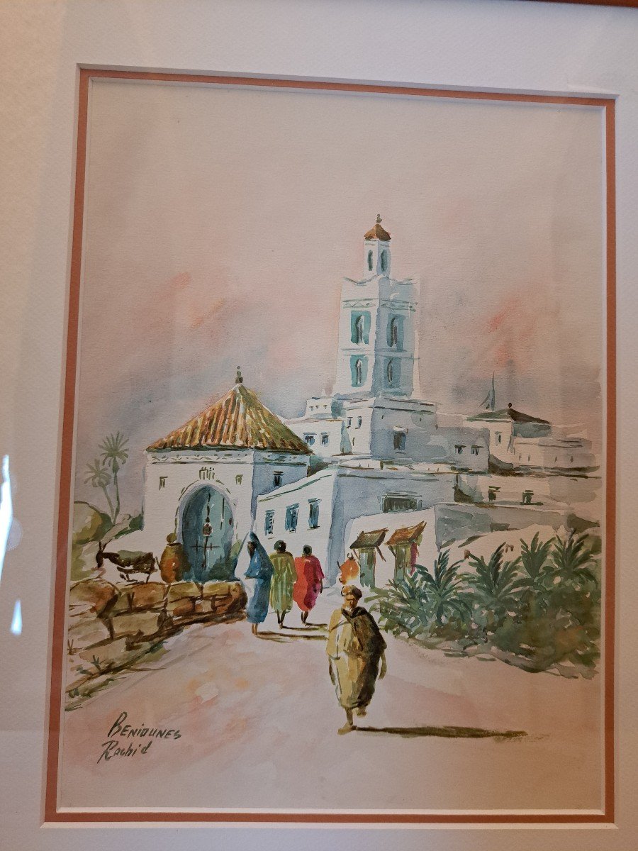 Rachid Beniounes, Pair Of Views Of Moroccan Villages, Watercolor, 20th Century.-photo-1